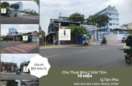 Cho thuê nhà 2 Mặt Tiền Tô Hiệu 180m2,1Lầu, 23 triệu, cạnh trường THPT